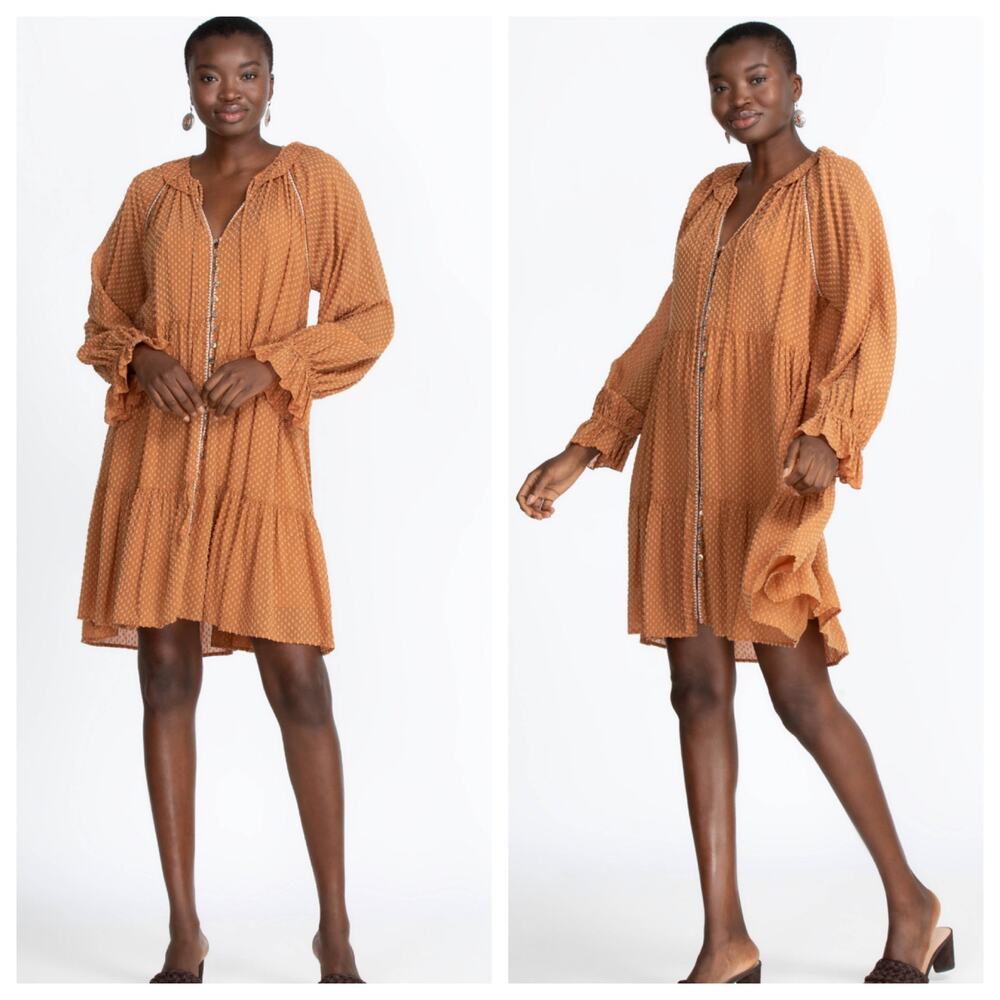 NEW $595 Johnny Was Orla Boho Swiss Dot Flowy Mini Dress Rust Brown Size Small